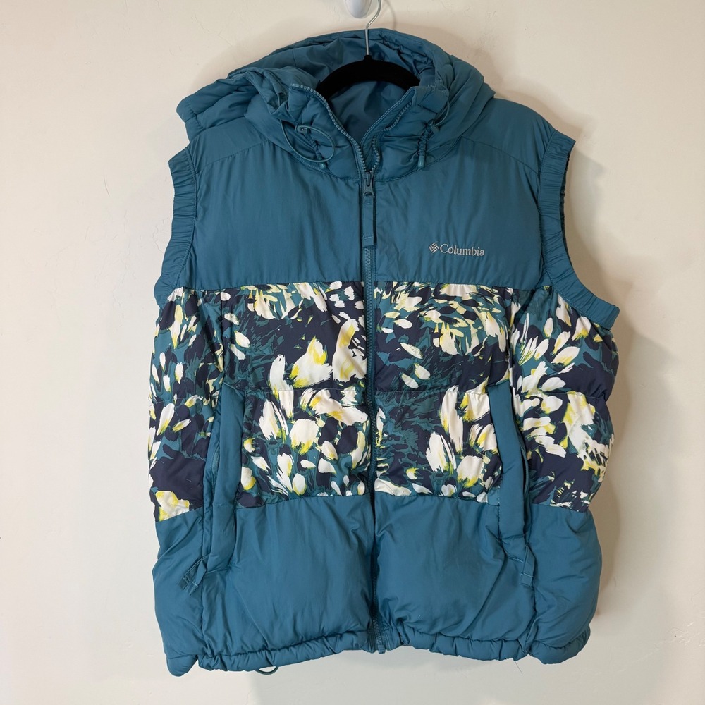 Columbia Womens Pike Lake Puffer Vest XXL Blue Omni-Heat Floral Hooded WL0298